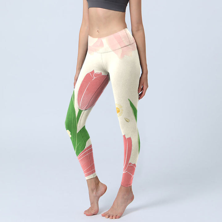 Leggings de fitness para gimnasio con estampado de flores de tulipán rosa y Buddha Stones para mujer - Blanco antiguo - US18，UK/AU22，EU50 (4XL) - image 0
