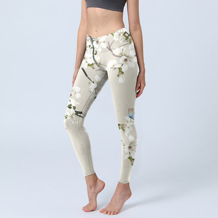 Leggings deportivos de fitness con estampado de flores de magnolia blanca y Buddha Stones para mujer - Lino - US18，UK/AU22，EU50 (4XL) - image 0