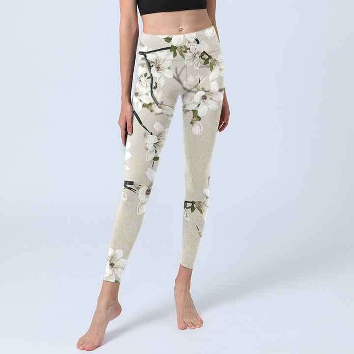 Leggings deportivos de fitness con estampado de flores de magnolia blanca y Buddha Stones para mujer - image 5