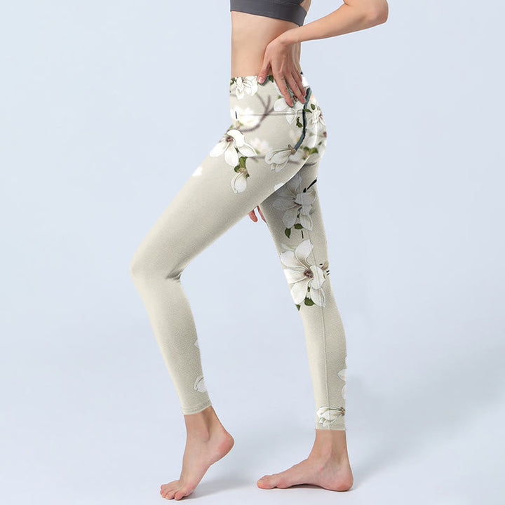 Leggings deportivos de fitness con estampado de flores de magnolia blanca y Buddha Stones para mujer - image 3
