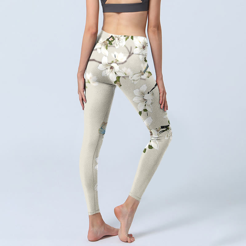 Leggings deportivos de fitness con estampado de flores de magnolia blanca y Buddha Stones para mujer - image 5