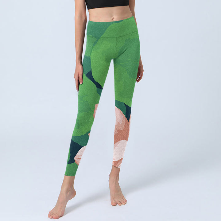 Leggings deportivos de fitness con estampado de hojas y flores de loto verdes y piedras de Buddha Stones para mujer - image 5