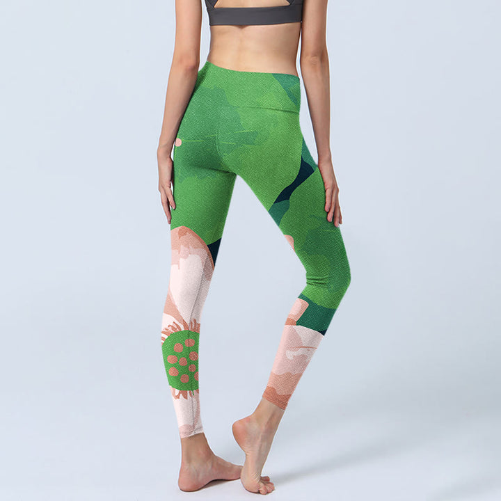 Leggings deportivos de fitness con estampado de hojas y flores de loto verdes y piedras de Buddha Stones para mujer - image 5