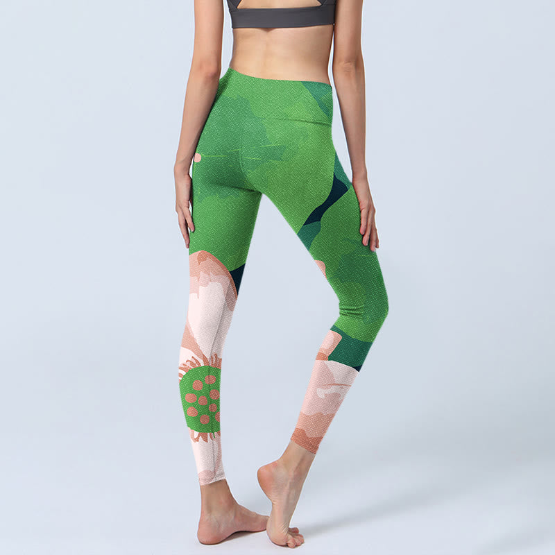 Leggings deportivos de fitness con estampado de hojas y flores de loto verdes y piedras de Buddha Stones para mujer - image 4