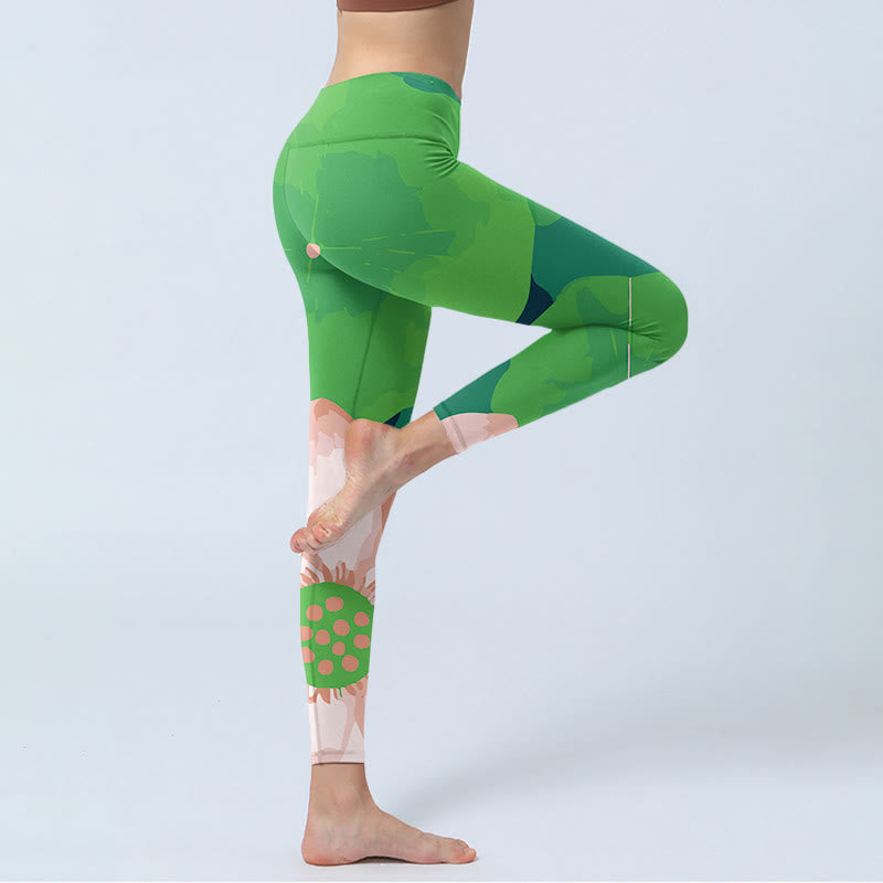 Leggings deportivos de fitness con estampado de hojas y flores de loto verdes y piedras de Buddha Stones para mujer - image 4