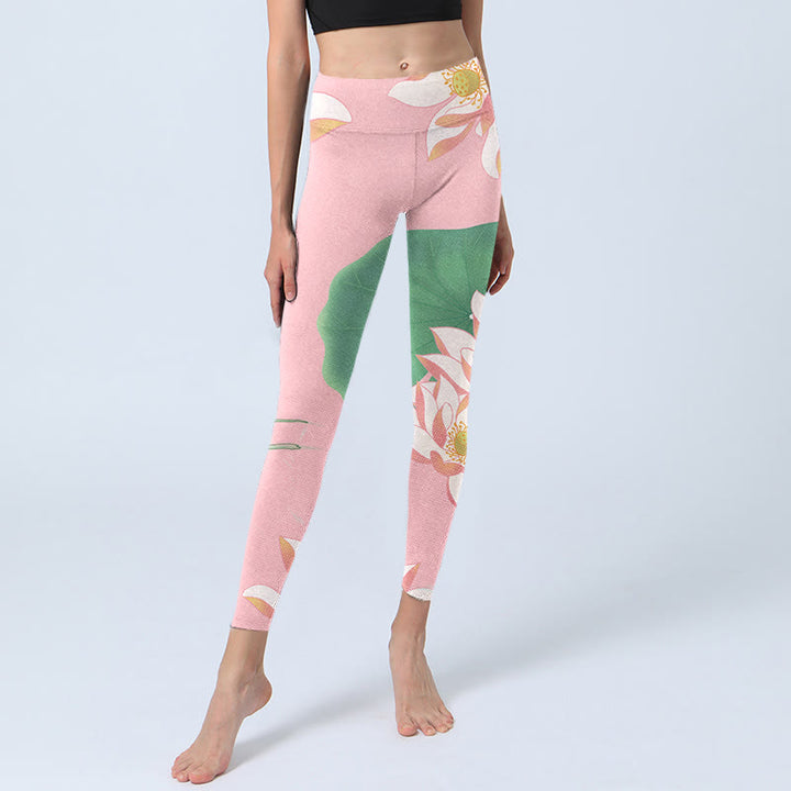 Leggings de fitness para gimnasio con estampado de hojas y flores de loto rosa y piedras de Buddha Stones para mujer - image 6