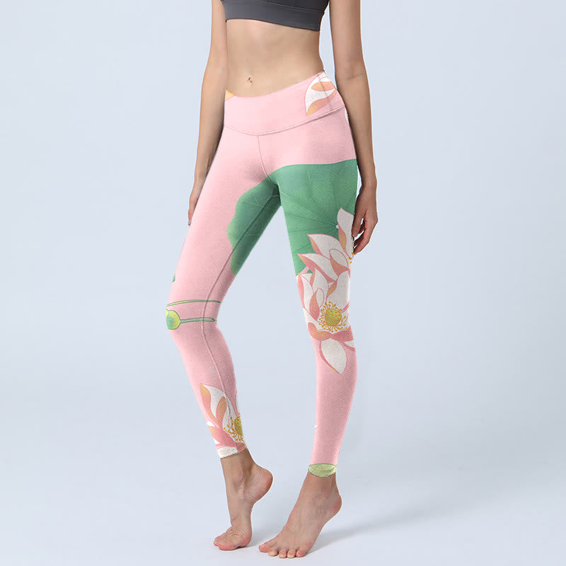 Leggings de fitness para gimnasio con estampado de hojas y flores de loto rosa y piedras de Buddha Stones para mujer - Rosa claro - US18，UK/AU22，EU50 (4XL) - image 1