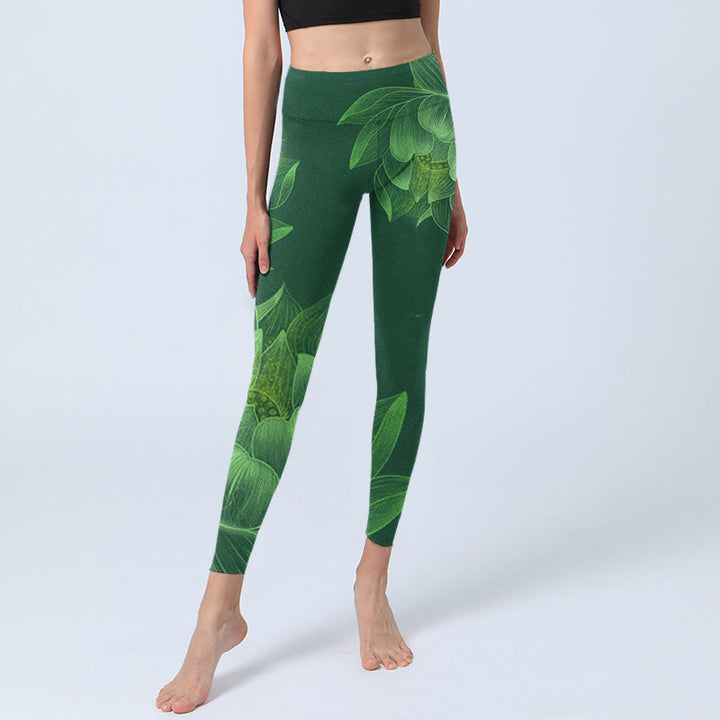 Leggings de fitness para gimnasio con estampado de hojas de flor de loto verde oscuro y Buddha Stones para mujer - image 6