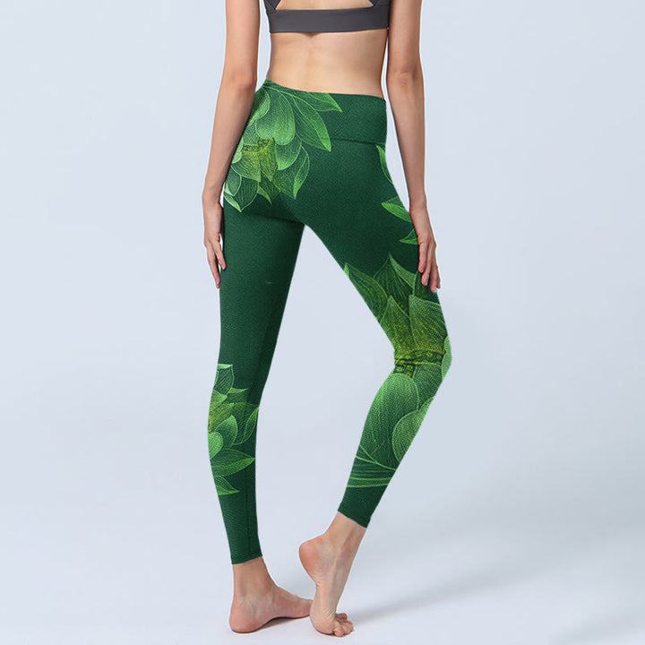 Leggings de fitness para gimnasio con estampado de hojas de flor de loto verde oscuro y Buddha Stones para mujer - image 5