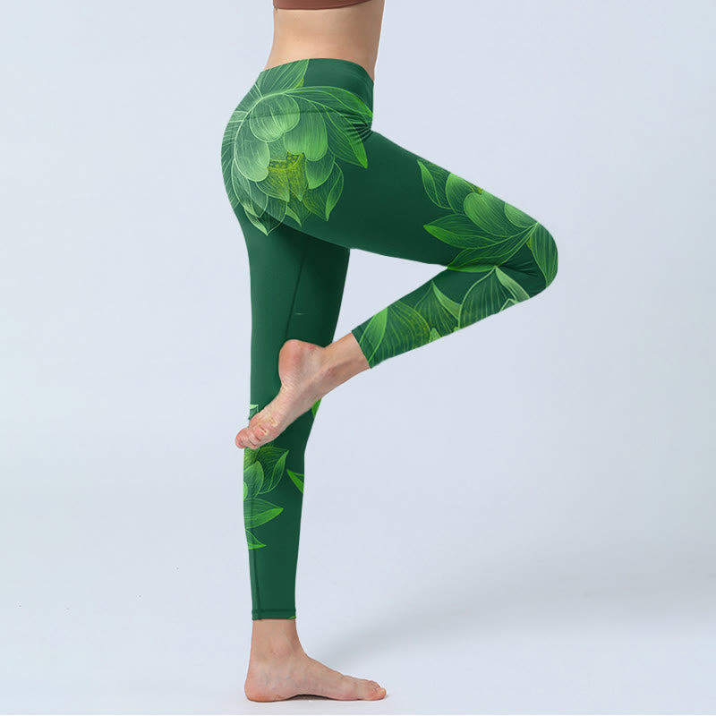 Leggings de fitness para gimnasio con estampado de hojas de flor de loto verde oscuro y Buddha Stones para mujer - image 5