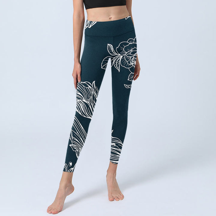 Leggings de fitness para gimnasio con estampado de flores de epiphyllum y peonías de Buddha Stones , pantalones de yoga para mujer - image 7