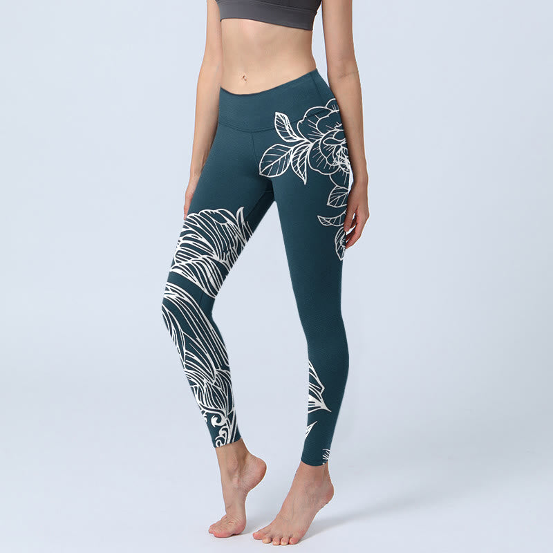 Leggings de fitness para gimnasio con estampado de flores de epiphyllum y peonías de Buddha Stones , pantalones de yoga para mujer - Azul acero - US18，UK/AU22，EU50 (4XL) - image 1