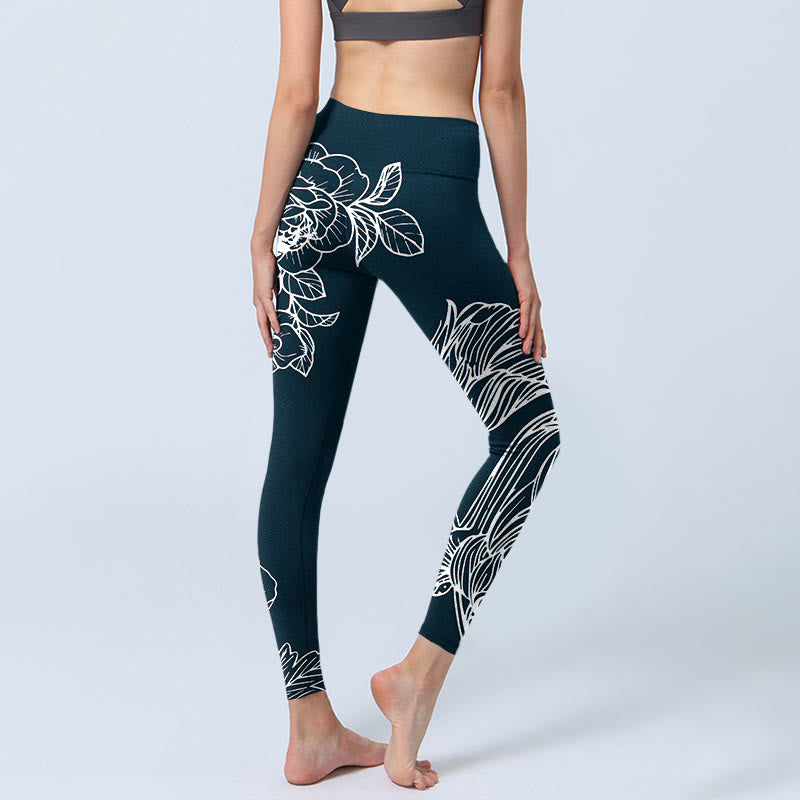 Leggings de fitness para gimnasio con estampado de flores de epiphyllum y peonías de Buddha Stones , pantalones de yoga para mujer - image 5