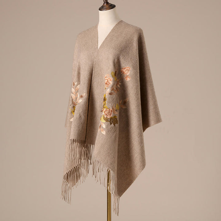 Chal de lana con Buddha Stones, flores blancas y rosas, hojas doradas, bordado con borlas, bufanda de viaje acogedora para el invierno - image 4