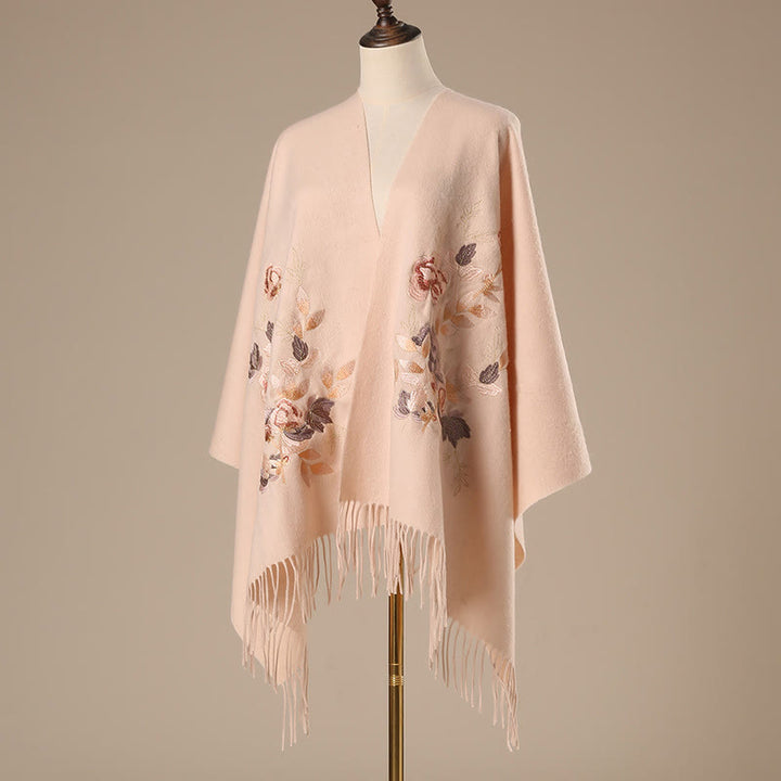 Chal de lana con Buddha Stones, flores blancas y rosas, hojas doradas, bordado con borlas, bufanda de viaje acogedora para el invierno - image 1