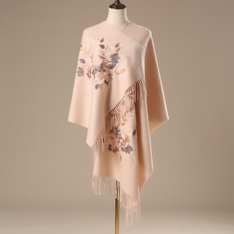Chal de lana con Buddha Stones, flores blancas y rosas, hojas doradas, bordado con borlas, bufanda de viaje acogedora para el invierno - PeachPuff - 200*60 cm - image 0