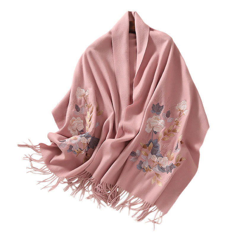 Chal de lana con Buddha Stones, flores blancas y rosas, hojas doradas, bordado con borlas, bufanda de viaje acogedora para el invierno - image 13