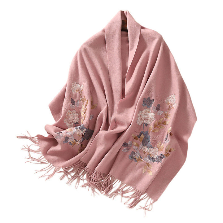 Chal de lana con Buddha Stones, flores blancas y rosas, hojas doradas, bordado con borlas, bufanda de viaje acogedora para el invierno - image 13