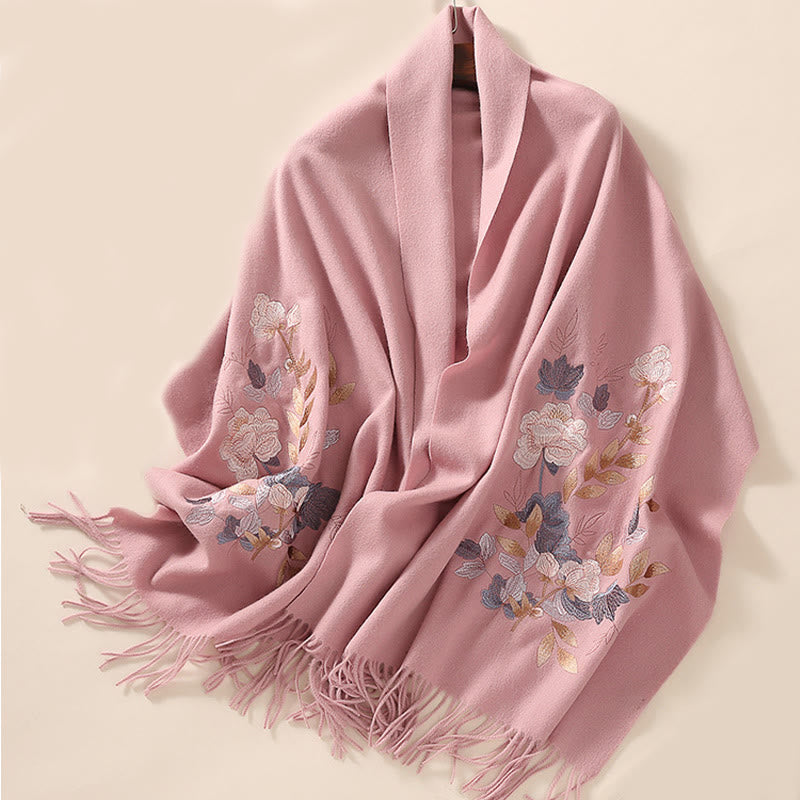 Chal de lana con Buddha Stones, flores blancas y rosas, hojas doradas, bordado con borlas, bufanda de viaje acogedora para el invierno - image 12