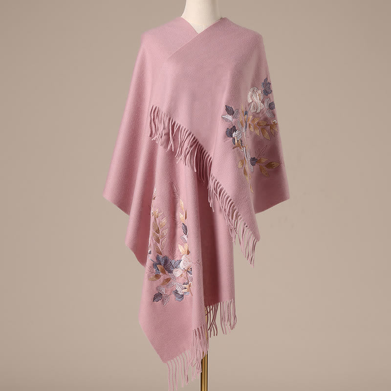 Chal de lana con Buddha Stones, flores blancas y rosas, hojas doradas, bordado con borlas, bufanda de viaje acogedora para el invierno - Rosa claro - 200*60 cm - image 9