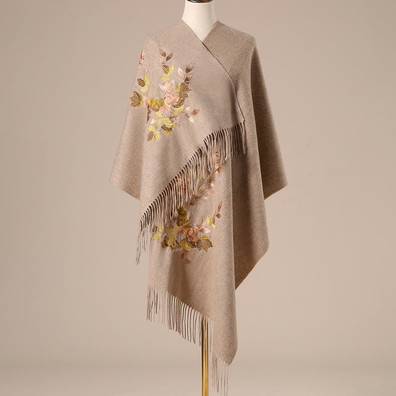 Chal de lana con Buddha Stones, flores blancas y rosas, hojas doradas, bordado con borlas, bufanda de viaje acogedora para el invierno