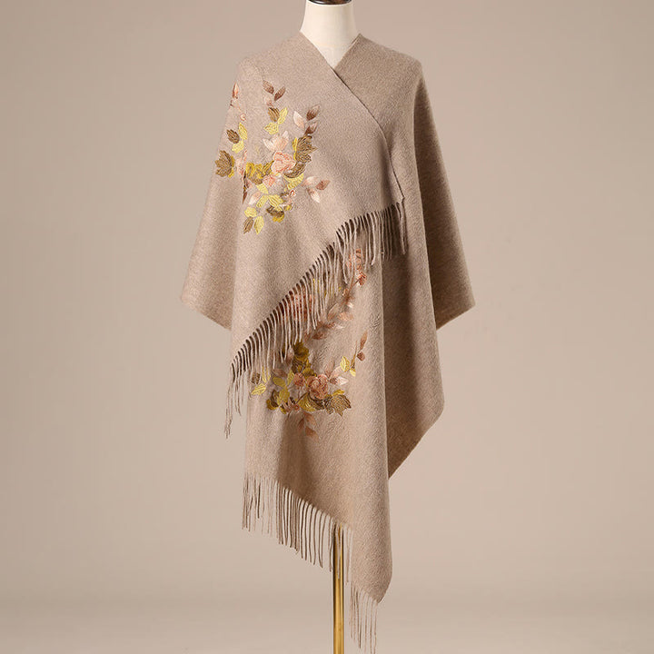 Chal de lana con Buddha Stones, flores blancas y rosas, hojas doradas, bordado con borlas, bufanda de viaje acogedora para el invierno