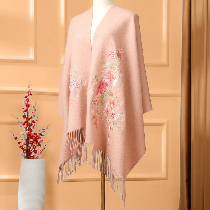 Chal de lana con Buddha Stones , hojas de flores rojas, bordado con borlas, bufanda de viaje acogedora para el invierno - image 1