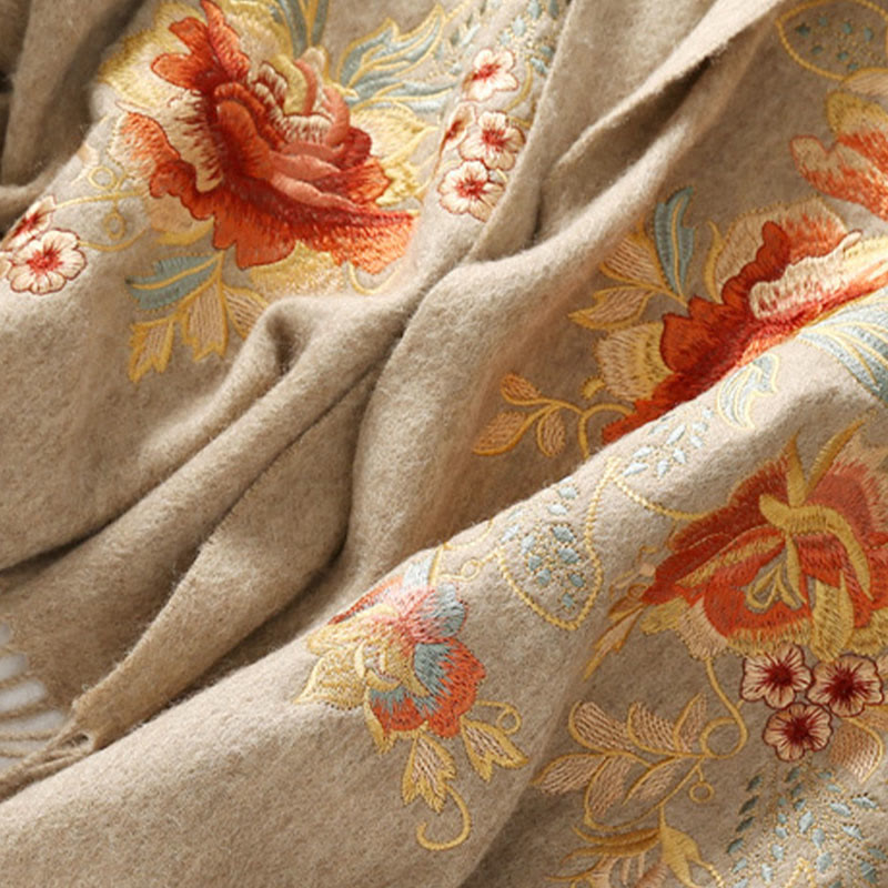 Chal de lana con Buddha Stones , hojas de flores rojas, bordado con borlas, bufanda de viaje acogedora para el invierno