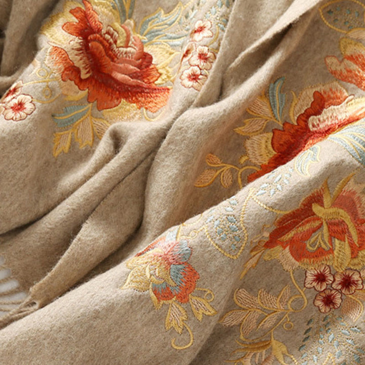 Chal de lana con Buddha Stones , hojas de flores rojas, bordado con borlas, bufanda de viaje acogedora para el invierno