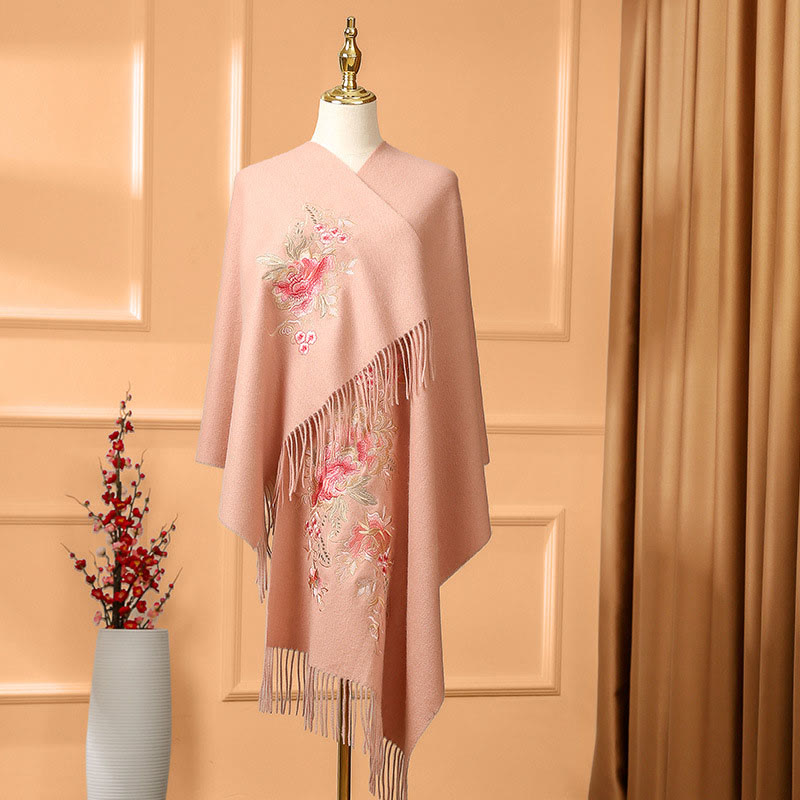 Chal de lana con Buddha Stones , hojas de flores rojas, bordado con borlas, bufanda de viaje acogedora para el invierno - Rosa - 200*60 cm - image 0