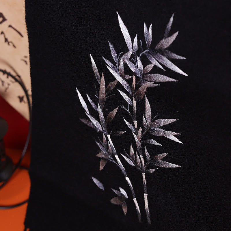 Chal de lana con Buddha Stones y hojas de bambú bordadas con borlas, bufanda de viaje acogedora para el invierno