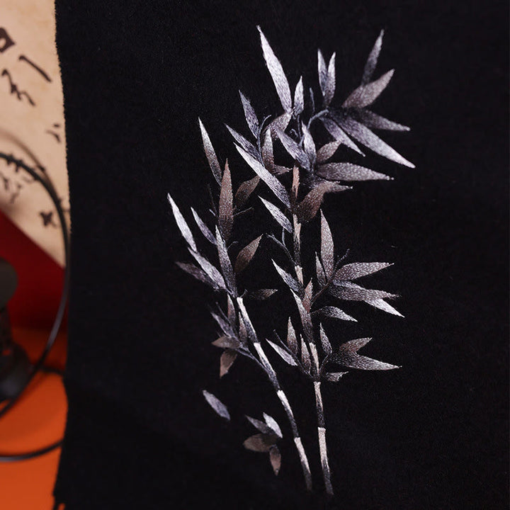 Chal de lana con Buddha Stones y hojas de bambú bordadas con borlas, bufanda de viaje acogedora para el invierno