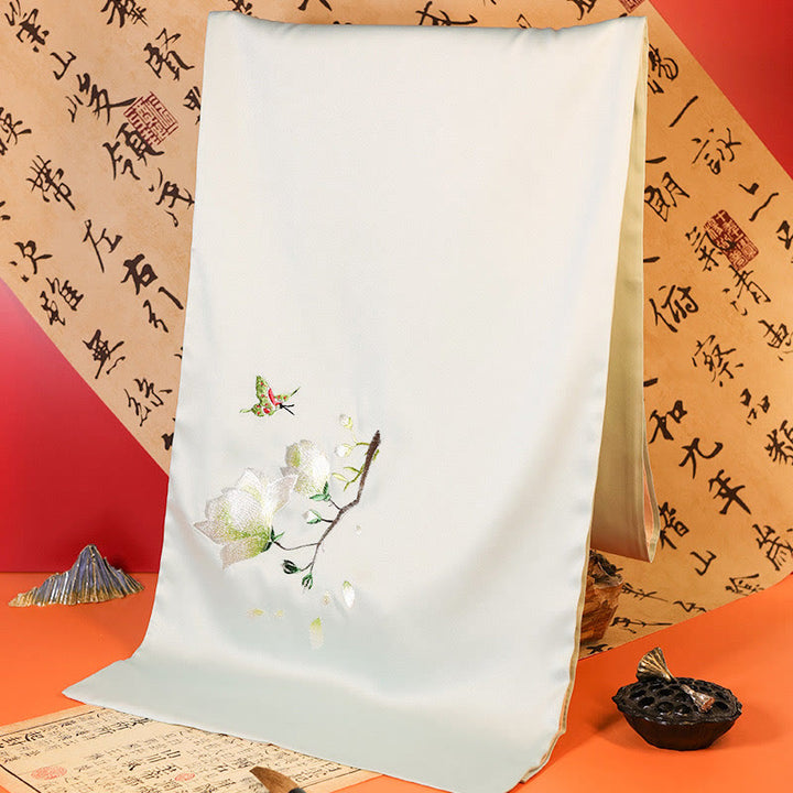 Bufanda de viaje acogedora de invierno con bordado de Suzhou, Buddha Stones , mariposa Yulan, bambú, urraca