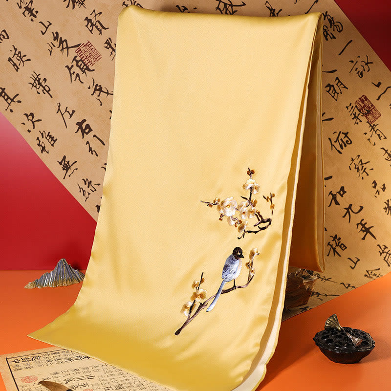 Bufanda de viaje acogedora de invierno con bordado de Suzhou, Buddha Stones , mariposa Yulan, bambú, urraca