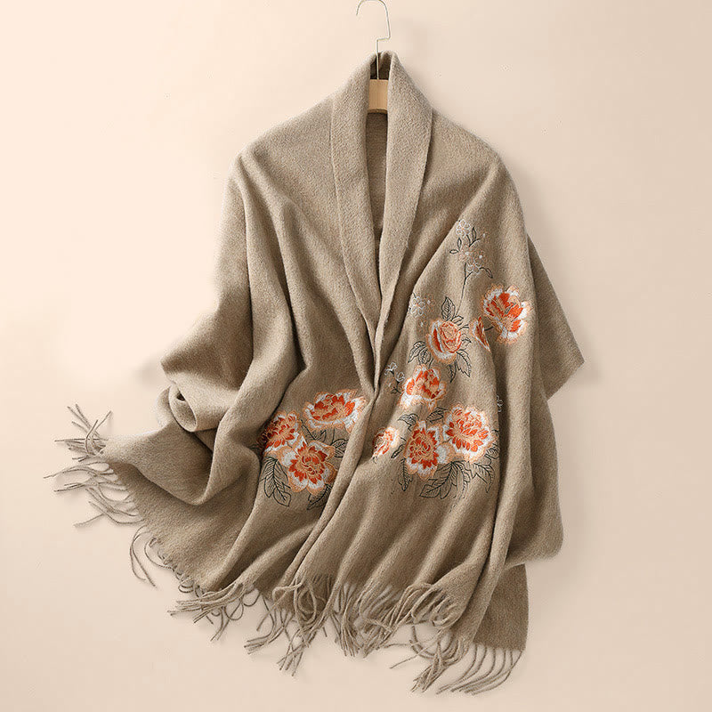 Bufanda de viaje acogedora de invierno con borlas bordadas con peonías rojas y chal de lana con Buddha Stones