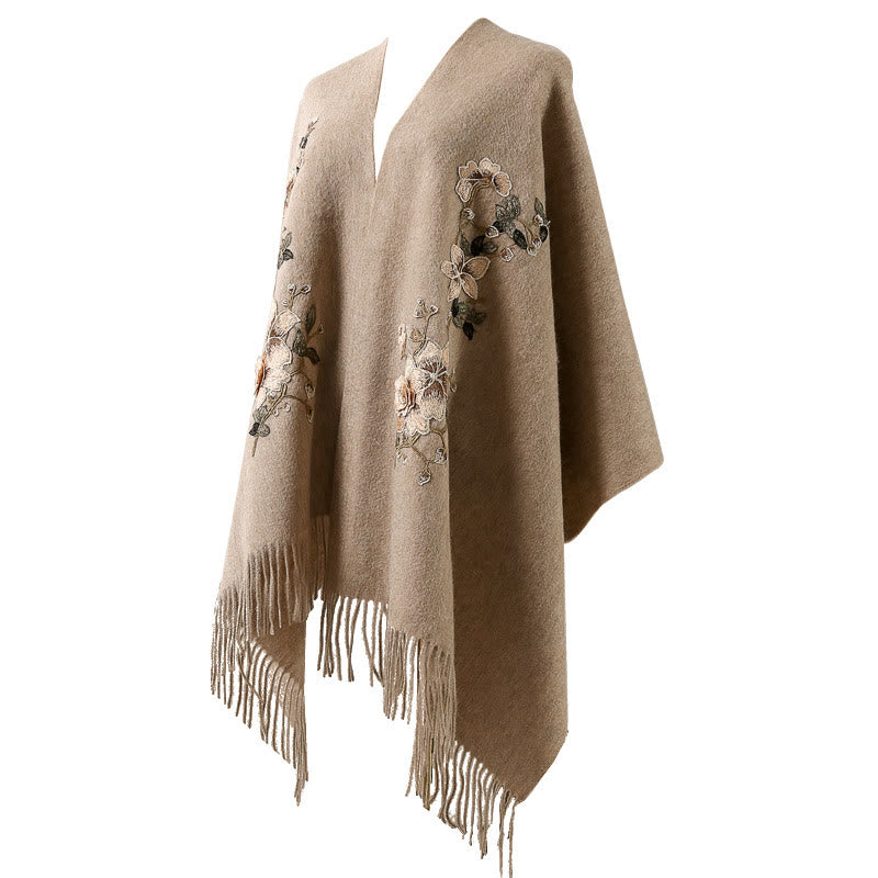 Chal de lana con Buddha Stones y borlas bordadas con flores blancas y naranjas, bufanda de viaje acogedora para el invierno - image 11