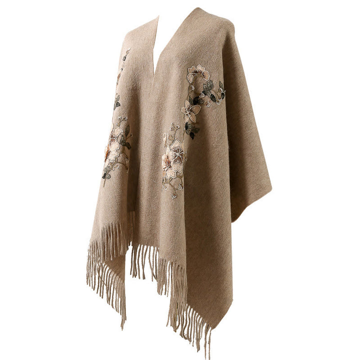 Chal de lana con Buddha Stones y borlas bordadas con flores blancas y naranjas, bufanda de viaje acogedora para el invierno - image 11