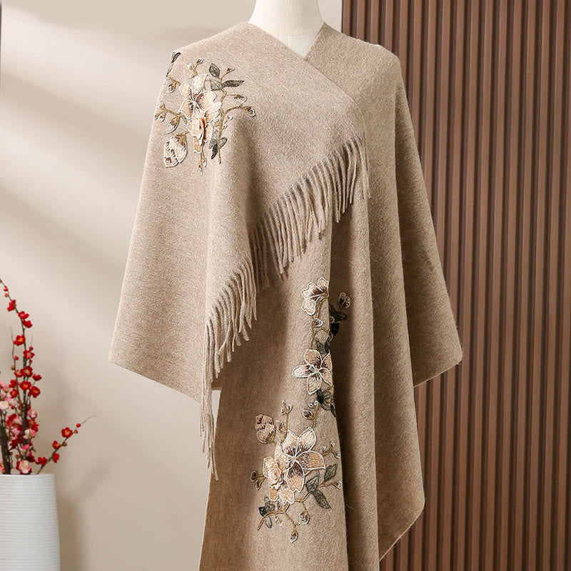 Chal de lana con Buddha Stones y borlas bordadas con flores blancas y naranjas, bufanda de viaje acogedora para el invierno