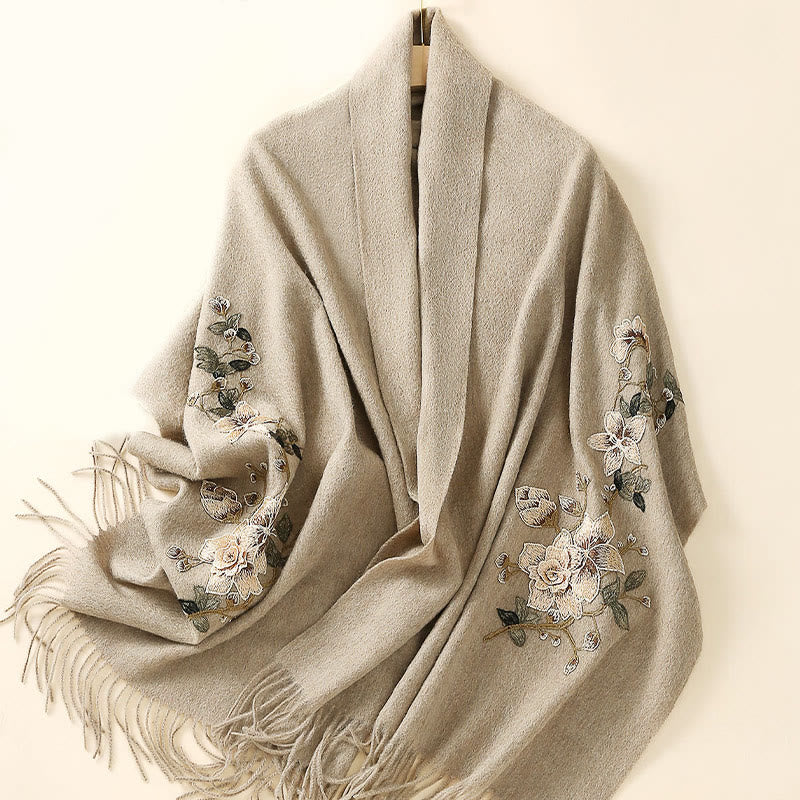 Chal de lana con Buddha Stones y borlas bordadas con flores blancas y naranjas, bufanda de viaje acogedora para el invierno