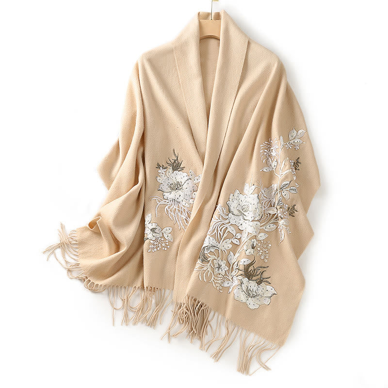 Chal de lana con Buddha Stones y borlas bordadas con flores blancas y naranjas, bufanda de viaje acogedora para el invierno - image 1