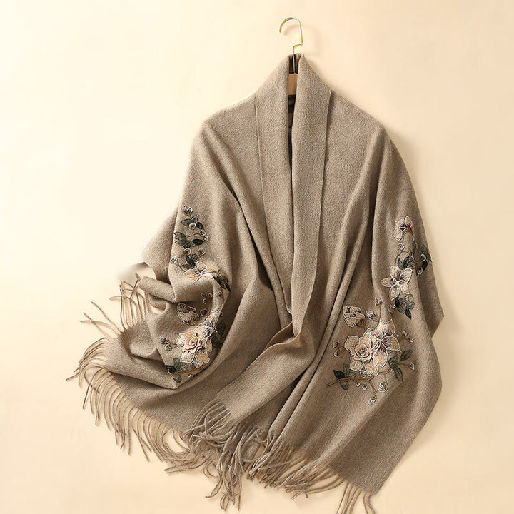 Chal de lana con Buddha Stones y borlas bordadas con flores blancas y naranjas, bufanda de viaje acogedora para el invierno - image 8