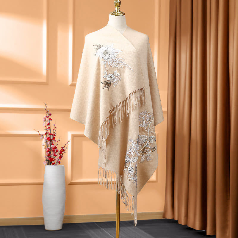 Chal de lana con Buddha Stones y borlas bordadas con flores blancas y naranjas, bufanda de viaje acogedora para el invierno - PeachPuff - 200*60 cm - image 0