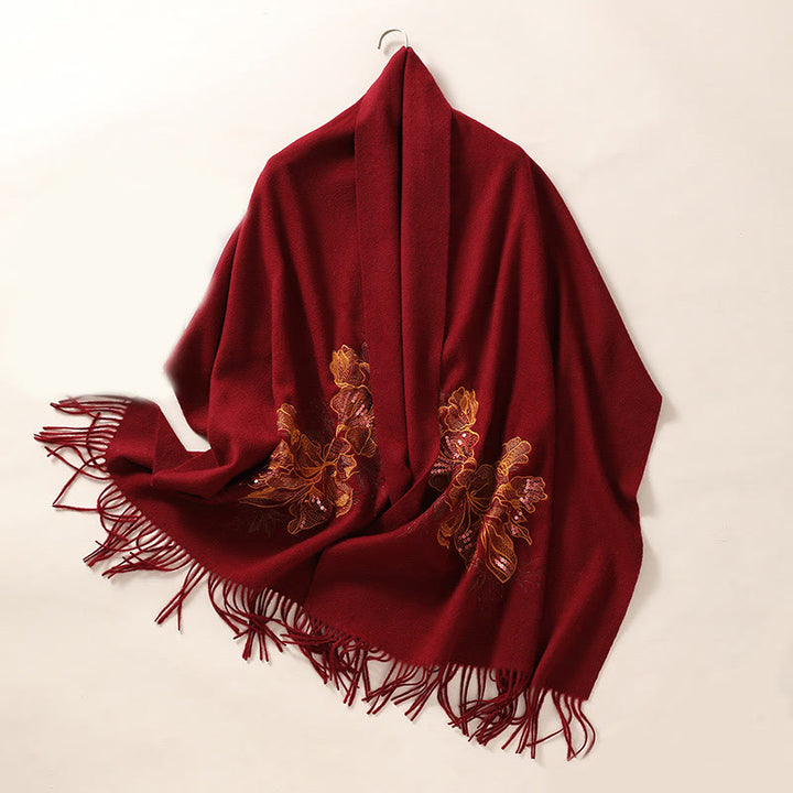 Chal de lana con Buddha Stones y flores bordadas con lentejuelas y borlas, bufanda de viaje acogedora para el invierno
