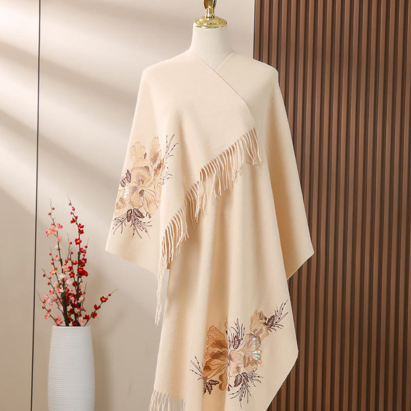 Chal de lana con Buddha Stones y flores bordadas con lentejuelas y borlas, bufanda de viaje acogedora para el invierno