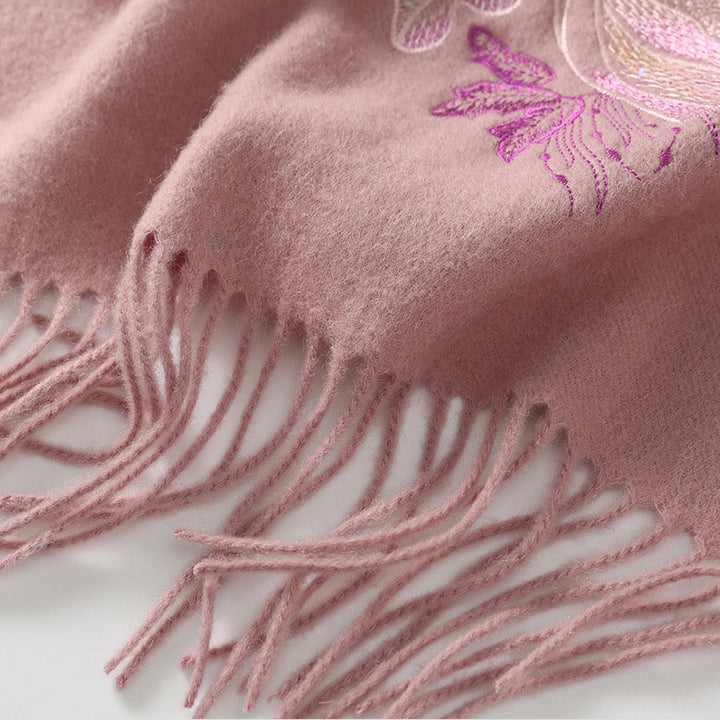 Chal de lana con Buddha Stones y flores bordadas con lentejuelas y borlas, bufanda de viaje acogedora para el invierno