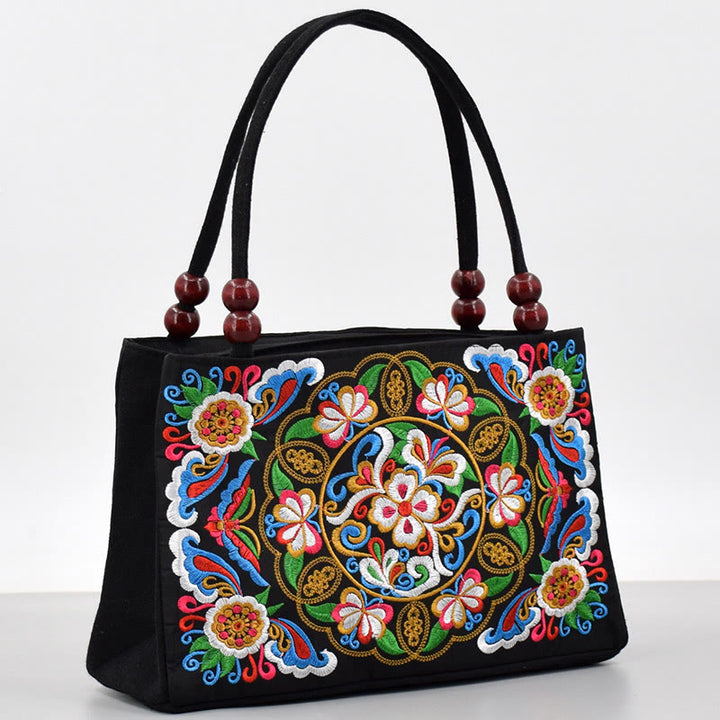 Bolso de mano de lona con bordado de doble cara, diseño de flores de peonía, pavo real y Buddha Stones, Galsang Inula