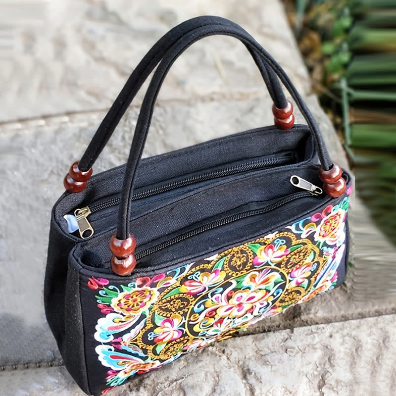 Bolso de mano de lona con bordado de doble cara, diseño de flores de peonía, pavo real y Buddha Stones, Galsang Inula