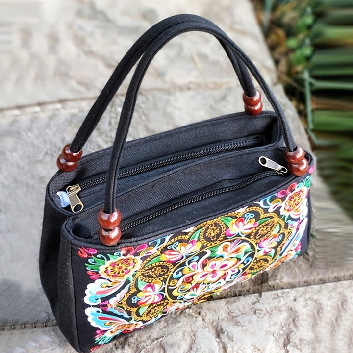 Bolso de mano de lona con bordado de doble cara, diseño de flores de peonía, pavo real y Buddha Stones, Galsang Inula