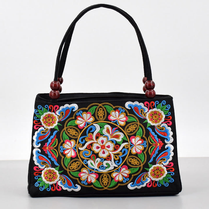 Bolso de mano de lona con bordado de doble cara, diseño de flores de peonía, pavo real y Buddha Stones, Galsang Inula