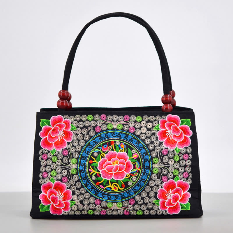 Bolso de mano de lona con bordado de doble cara, diseño de flores de peonía, pavo real y Buddha Stones, Galsang Inula